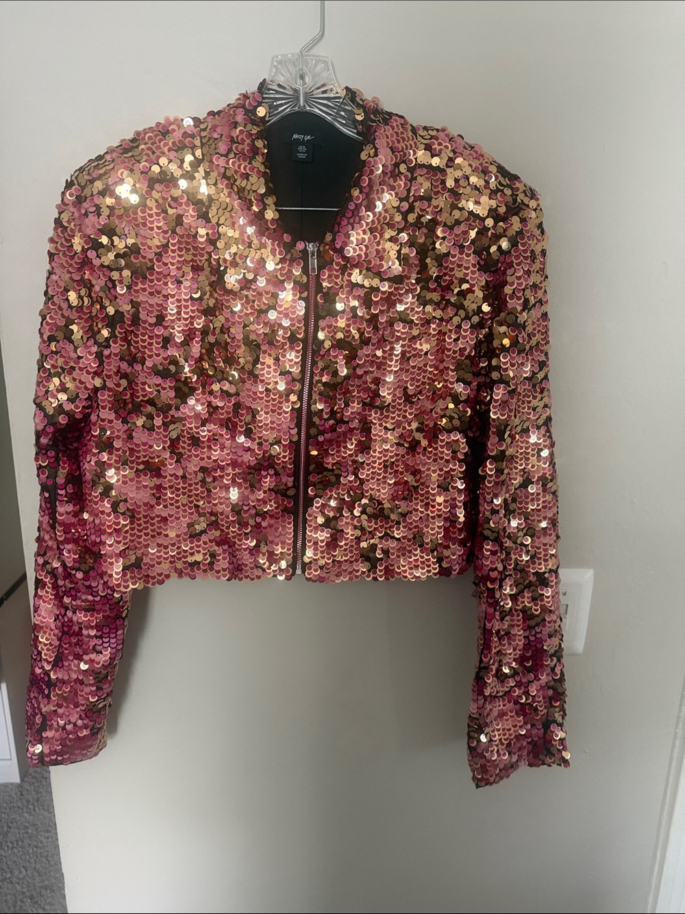 Nasty Gal Pink Gold Sequin Bomber Jacket Full Zip Statement Party Size 12